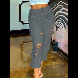 Black W/Pockets Distressed Jogger Style Thin Pants Drawstring WMetal Clasp Ends
